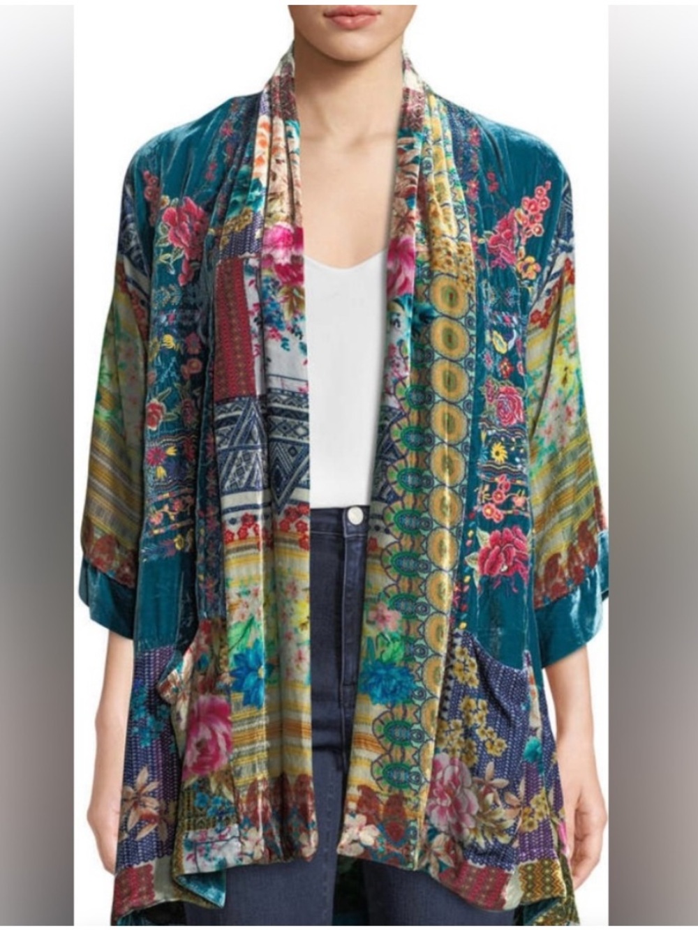 Johnny Was Biza Printed Velvet embroidered Kimono Jacket Medium